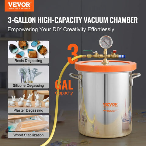 VEVOR 3-Gallon high-capacity vacuum chamber with stainless steel body and tempered glass lid, gauge and yellow hose.