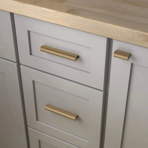 Champagne Bronze Cabinet Handles 5 Pack Adjustable Drawer Pulls for kitchen cabinets, shown installed on white cabinets.
