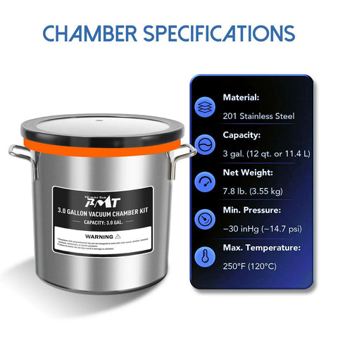PB Motor Tech 3-gallon stainless steel vacuum chamber with tempered glass lid and orange gasket.