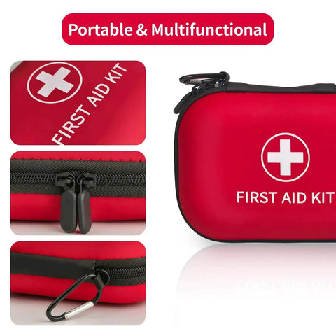 On The Go 138 Piece Mini First Aid Kit Prelady Travel Size For Car Hiking And Home TSA Approved, red case with zipper details