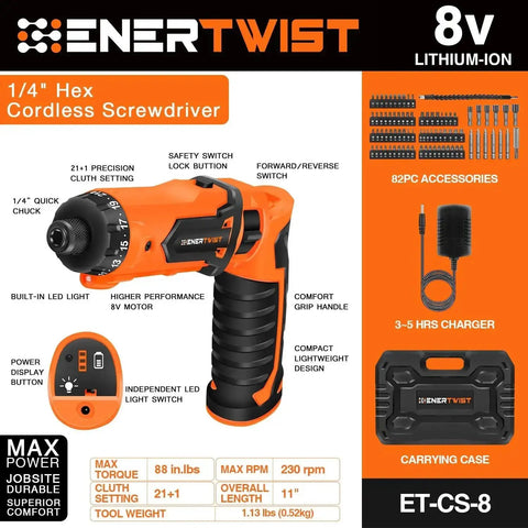 Cordless Screwdriver Kit With 8V Max Power 10Nm Torque 230 RPM 21 Plus 1 Clutch Dual Position Handle LED Light Rechargeable Battery Charger Carrying Case And 82 Piece Accessory Set For Easy DIY Home Projects with case and accessories