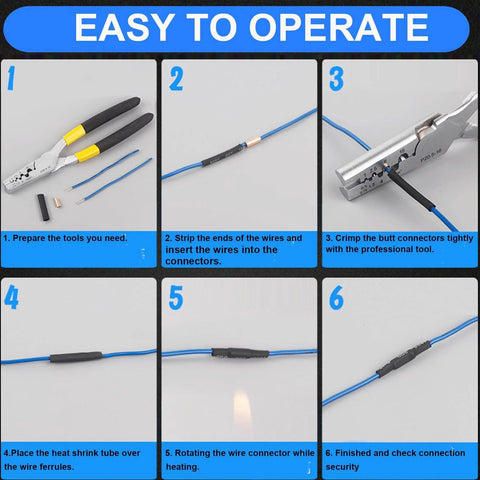 Step-by-step guide using the 250 Piece Wire Ferrules Kit With 7 Sizes Copper Non Insulated Crimp Connectors And Heat Shrink Tubing.
