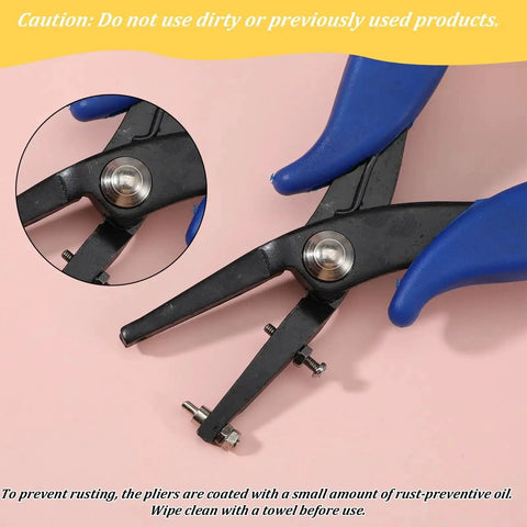 Close-up of One Sixteenth Inch Round Hole Punch Pliers For Sheet Metal And Leather Crafting, with blue soft PVC grips.