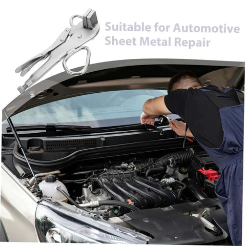 Mechanic using Tough As Nails Heavy Duty Auto Body Frame Clamp With Extra Wide Duckbill Jaw Adjustable Locking Sheet Metal Pliers