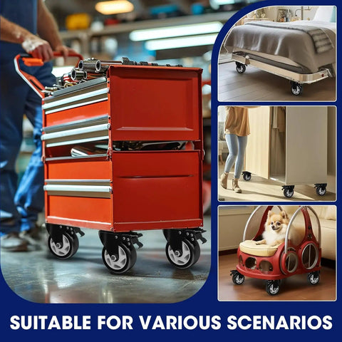 Front view of a red metal tool cabinet mounted on four heavy-duty locking caster wheels.