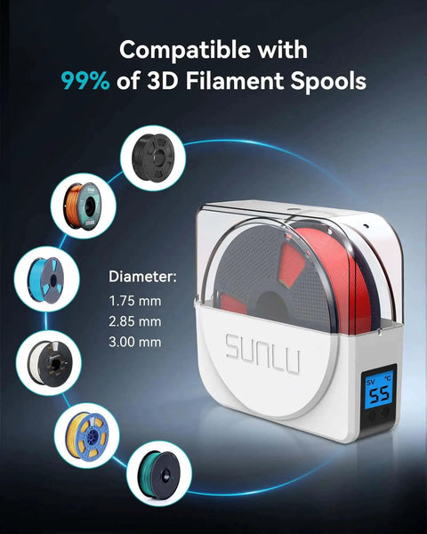 Filament Dryer And Storage Box With Built In Circulation Fan For 3D Printer Filaments 1.75 2.85 3.00mm with spools and dimensions.