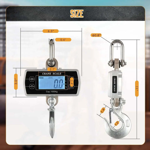 Digital Crane Scale 2200 Pound Capacity Heavy Duty Hanging Scale For Farms And Wild Game Weighing Portable Hoist With Four Units Kg Lb N And Custom Unit Upgraded Sensor Industrial Grade, front and side dimensions shown, aluminum body.