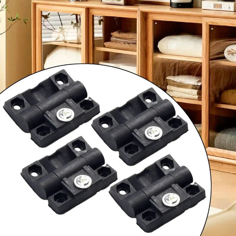 Adjustable torque cabinet door hinge, black plastic, 4-pack with screws and pre-drilled holes.