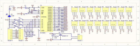 Diagram of 16 Channel PWM Servo Driver Module With I2C Control showing circuit layout for Arduino Raspberry Pi compatibility