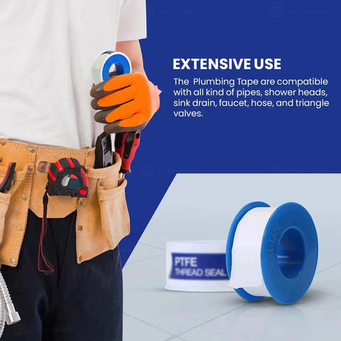 Leak Proof PTFE Thread Seal Tape Set Three Quarters Inch By Five Hundred Twenty Inches Ten Rolls High Density Plumbing Tape, in use by plumber.