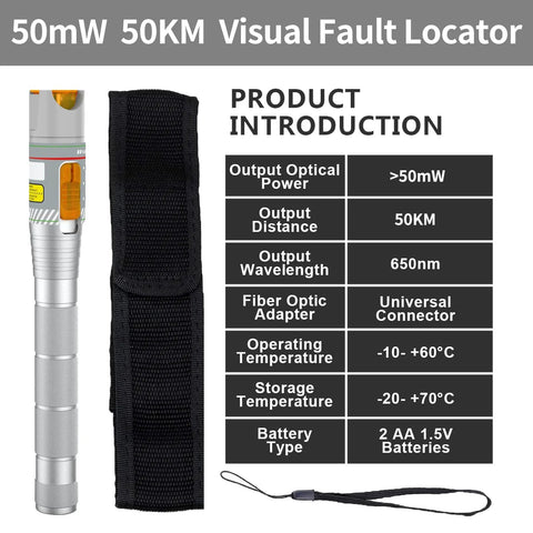 Fiber visual fault locator pen with FC/LC adapter kit, red light, silver metal body, and black carry case.