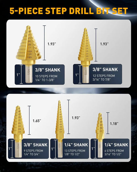Titanium Coated Step Drill Bit Set Five Piece With Automatic Center Punch Short Length Double Cutting Blades High Speed Steel Covers 50 Sizes Includes Aluminum Case For Easy Transport And Heavy Duty Metal Drilling, featuring 5-step bits with size annotations.