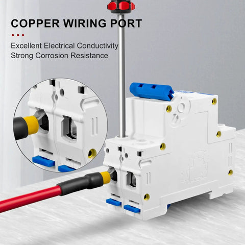 Side view of 63 Amp Two Pole AC Miniature Circuit Breaker for 120 To 240V Systems with DIN Rail Mount DZ47-63 showing copper ports.