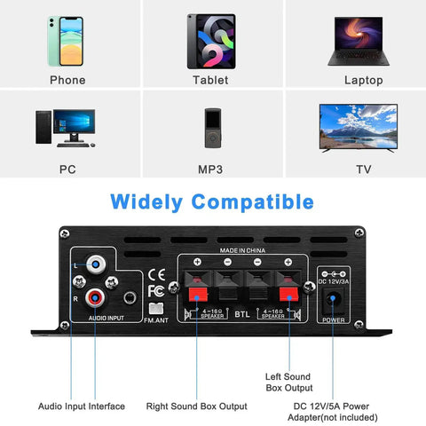 Back view of beefy 400W and 400W peak HiFi stereo amplifier showing audio input, power connections, widely compatible with devices.