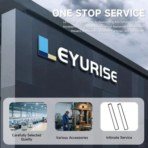 Exterior view of a building with 'LEYRISE' logo and images showcasing appliance accessories and service options.