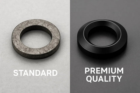 Comparison of standard and premium quality crush washers for 5/8-24 threads, black oxide steel, conical design for 30 cal muzzle devices.