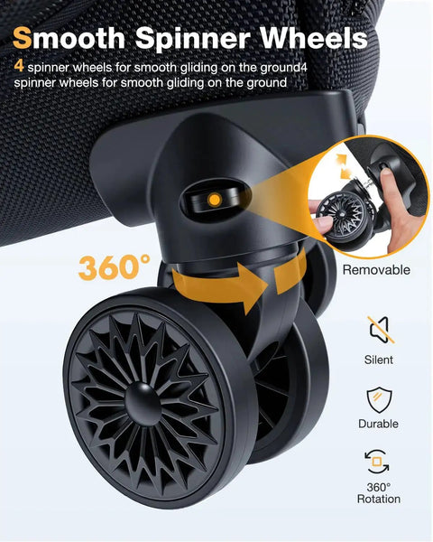 Close-up of detachable spinner wheels on underseat carry on luggage 16 inch softside with durable 1680D nylon