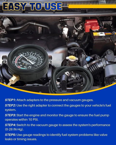 Car Vacuum and Fuel Pump Tester Gauge Kit for Fuel Pressure and Vacuum Diagnostics installed in an engine bay