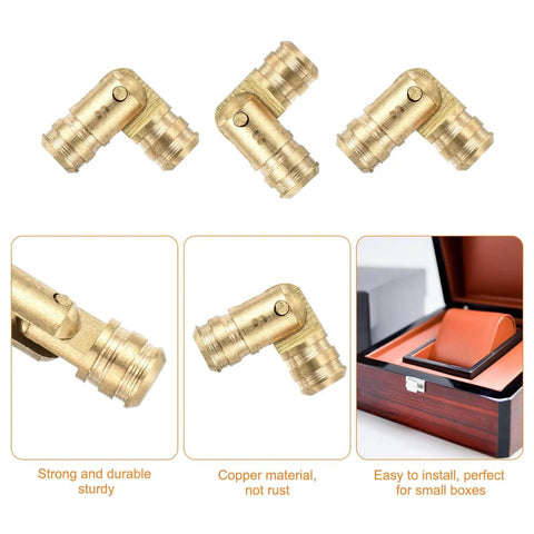 Concealed Brass Barrel Hinges Set, 16 Pcs, 17x5mm 19x5mm 25x5mm 30x5mm Hidden Folding Cabinet Hinges For DIY Keepsake Boxes And Doors, Rust Resistant Copper Construction, shown in multiple views and installation example.