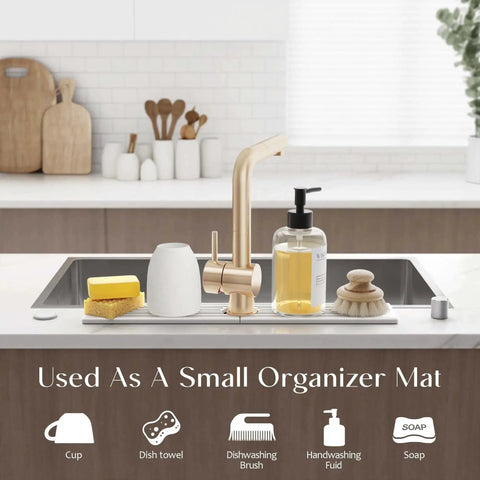 Diatomite Stone Kitchen Sink Mat And Splash Guard For Moisture Absorption, placed by a sink with soap, cup, and dish towel.
