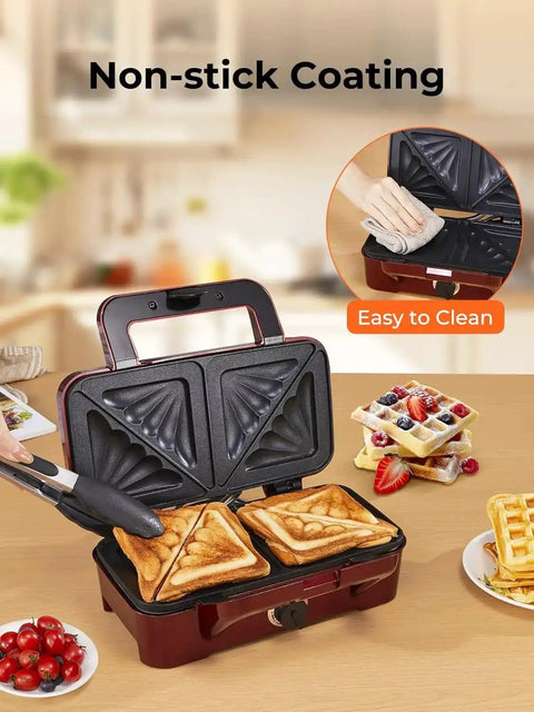 3-In-1 Sandwich And Waffle Maker With Removable Nonstick Plates, 1200W Panini Press shown making sandwiches with interchangeable plates.