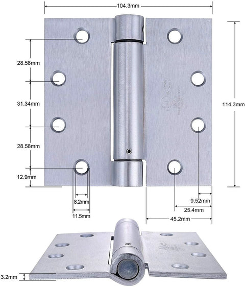 Stainless steel self-closing reversible door hinge, 4.5x4.5 in, heavy-duty spring hinge, UL listed, with hardware