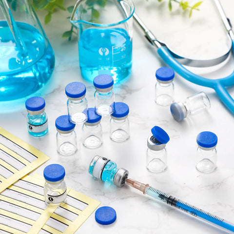 Threlaco 20-pack 1ml sterile glass vials with blue caps and label stickers, syringe and beakers in background