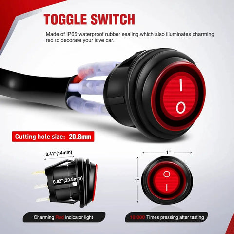 Red toggle switch from Led Light Bar Wiring Harness Kit 12V with On Off Waterproof Switch featuring indicator light and diagram dimensions