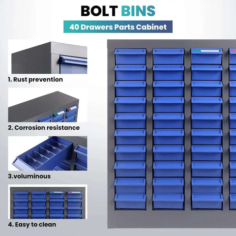 40 Drawer Parts Cabinet With Label Stickers Nut And Bolt Organizer featuring blue ABS drawers and rust-resistant frame, full view.