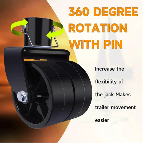 Side view of Dual 6 Inch Trailer Jack Wheel Replacement 2000 Lb Capacity Fits Standard Jacks with rotation pin feature.