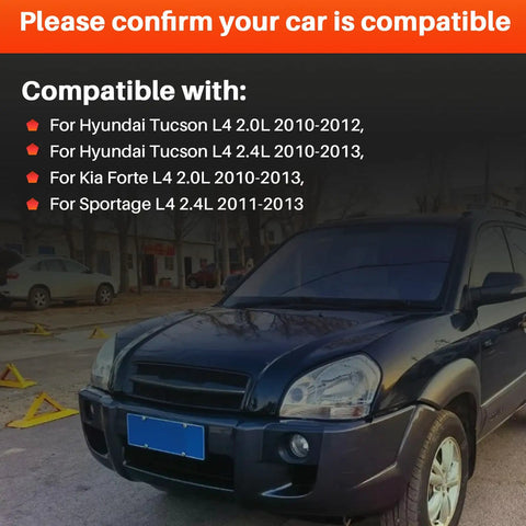 Black SUV with compatibility list for Hyundai Tucson and Kia Forte models 2010-2013