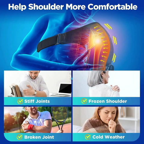 Diagram showing use of Cordless Shoulder Heating Pad And Massager With Heat And Vibration for pain relief and support.