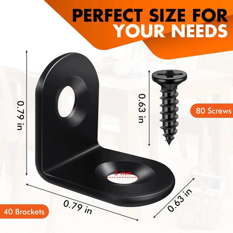 All In One Value Kit With 40 Black L Brackets And 80 Screws Stainless Steel 90 Degree Right Angle Corner Braces, close-up view.