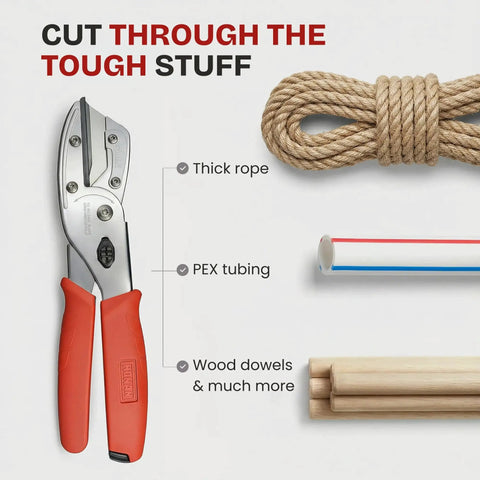 Image of a versatile quick change utility cutter with razor sharp multicut blade for pros and DIY Ronan Multicut cuts cable, wood, carpet, laminate, vinyl, rubber, leather, rope, PEX tubing and more, shown with materials like thick rope and PEX tubing.