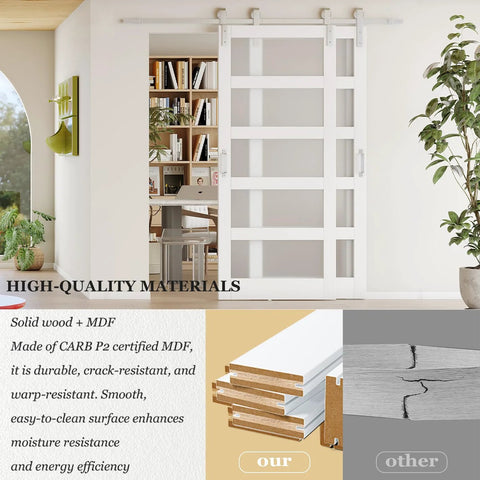 84 Inch By 84 Inch Sliding Bypass Barn Door Set With Six Point Nine Eight Foot Silver Hardware Kit Double Five Panel Frosted Glass Doors MDF Construction DIY Painted White Space Saving Easy Install Modern Room Divider in a modern room setting.