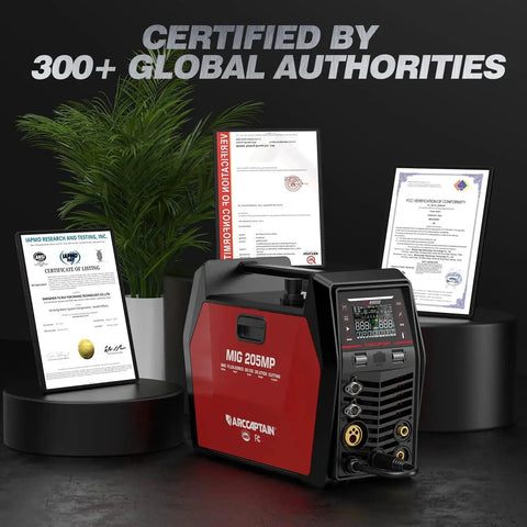 9 In 1 MIG TIG Stick Plasma Cutter Welding Machine With App Control, certifications in background, dual voltage