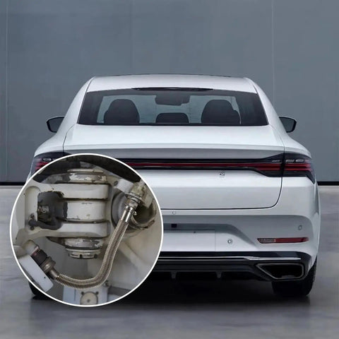 Back view of car with inset showing Two 78 Inch Stainless Steel Flexible Exhaust Pipes Kit With Hose Clamps 1 Inch Inner Diameter