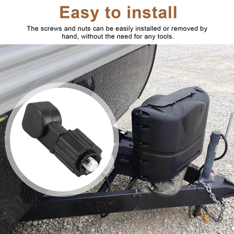 Thumb Screw And Nut Kit For RV Propane Tank Caps Compatible With 40543 Caps shown next to camper trailer tank cover