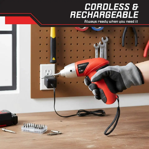 Person using a 25-Piece Cordless Screwdriver Set With LED Work Light, Automatic Spindle Lock, Forward And Reverse, Rechargeable in red.