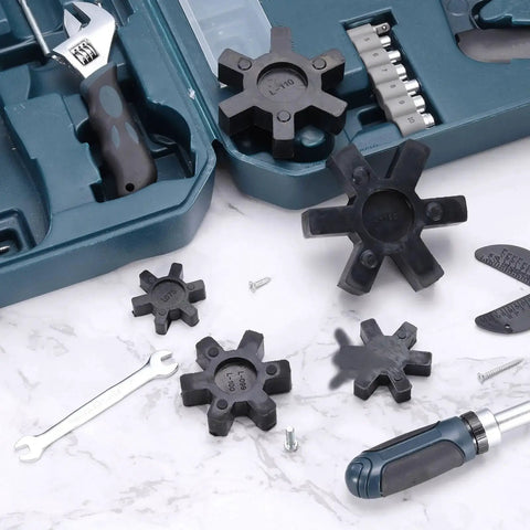 Six Pack L Jaw Coupling Inserts In Flexible Solid NBR Rubber For L075 L095 L100 Jaw Couplers on marble surface with tools