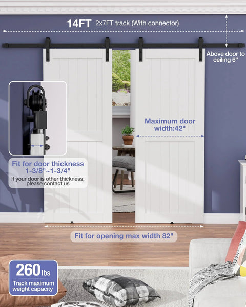 Heavy Duty 14 Ft Barn Door Hardware Kit For Double Doors shown installed with black sliding track, fits 1-3/8 inch doors.
