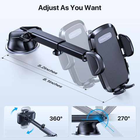 3 In 1 Car Phone Mount For Dashboard Windshield Or Air Vent Heavy Phone And Thick Case Friendly Universal Phone Holder That Fits All Smartphones In Any Vehicle with adjustable arm and suction base.