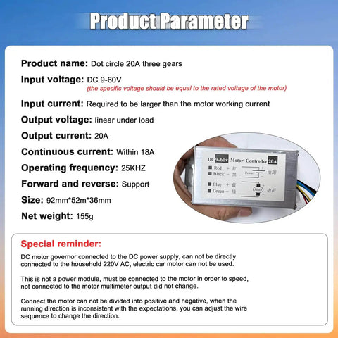 DC Motor Speed Controller With Pulse Width Modulation PWM For 12V 24V 36V 48V 60V Systems, product specifications.