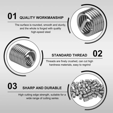 M6 x 1.0 Helicoil Thread Repair Kit, 100 Pcs Coiled Wire Inserts, Stainless Steel 304 Thread Sleeves For Damaged Threads displayed.