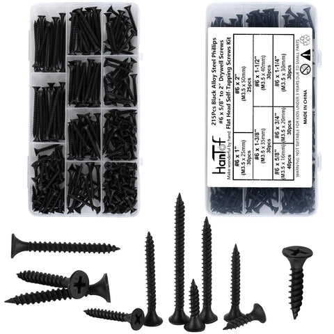 Six Gauge Black Oxide Drywall And Wood Screws Kit With 215 Piece Assortment Phillips Drive Countersunk Self Tapping Screws From Five Eighths Inch To Two Inches For Wood Projects displayed with screws in a divided organizer box.
