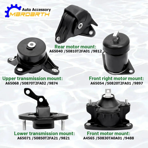 Set Of 5 Engine Motor Mounts And Transmission Mount Kit For 2008 2012 Honda Accord 2.4L L4 And 2009 2013 TSX Automatic Transmission Only Direct OE Replacement A4565 A4572 A4570 A4584 A4561 shown in various angles