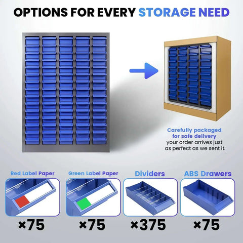 Heavy Duty 75 Drawer Small Parts Organizer For Nuts, Bolts And Tiny Hardware, Rugged Metal Storage Cabinet With 75 Drawers For Garage, Workshop, And Home Use product image showing front view and package details