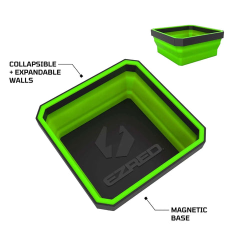 Green tray from Magnetic Collapsible Parts Tray Organizer Set Of Three In Red Green And Orange for DIY tool parts, showing expandable walls and magnetic base.