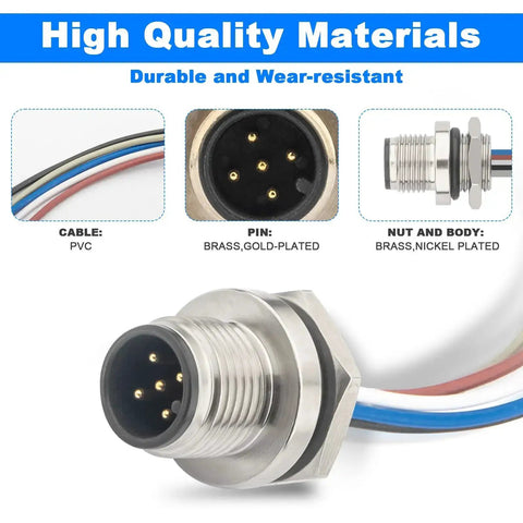 2 Pack M12 A Coded 5 Pin Male Aviation Panel Mount Connector Cable IP67 Waterproof Back Mount Unshielded Straight Socket  close-up