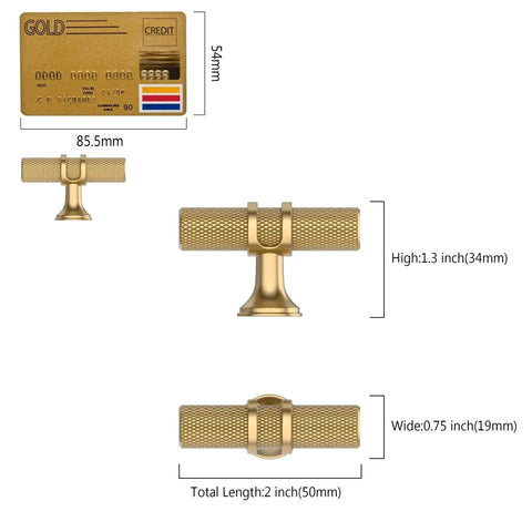Diagram of Champagne Bronze Cabinet Knobs 2 Inch T Bar Knurled Pulls 10 Pack Single Hole dimensions with credit card for scale